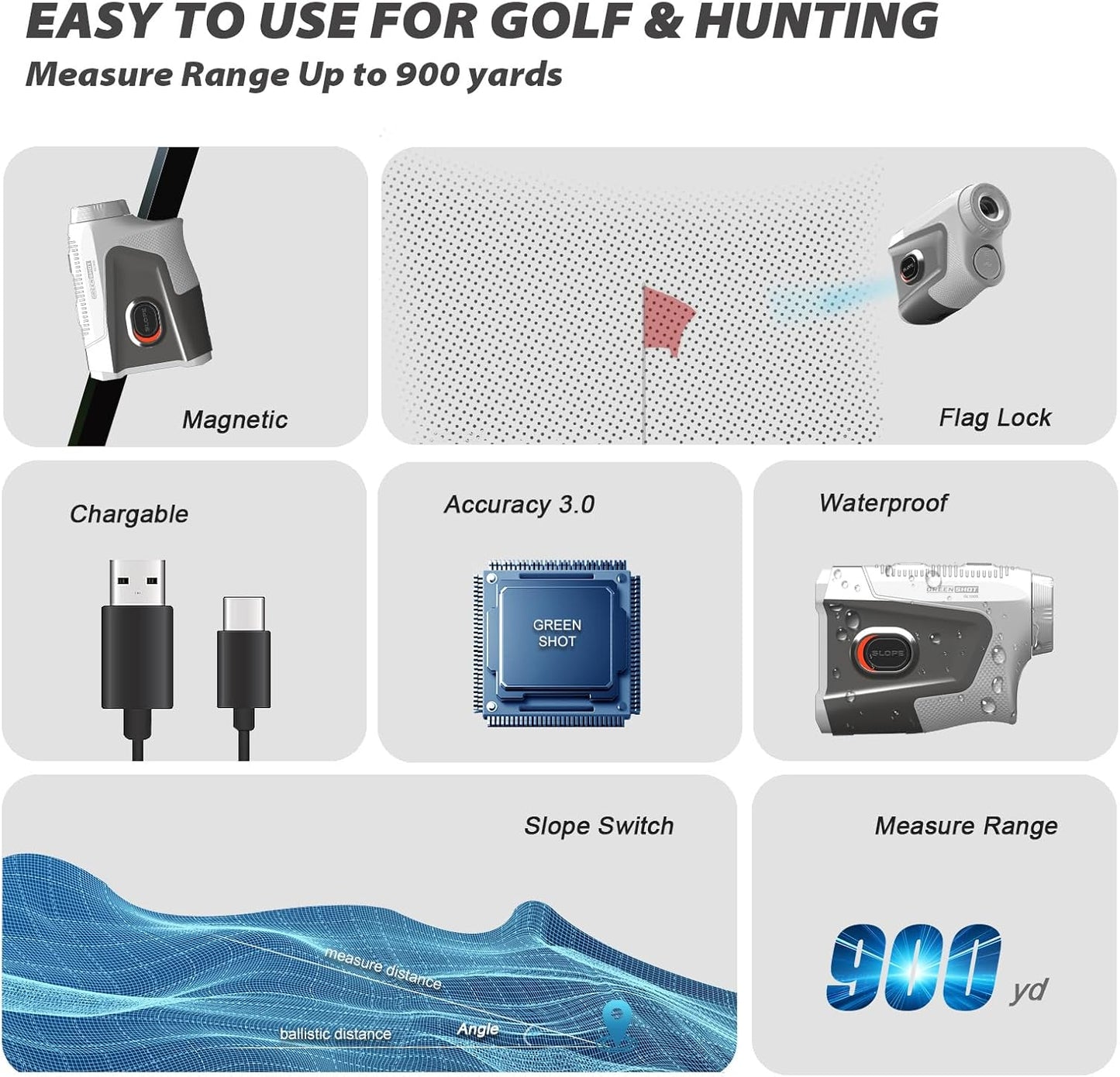 GL1000 Range Finder Golf with Slope Switch, 900 Yards Rechargeable Range Finder for Hunter, 7X Magnification Golf Laser Range Finder, Magnetic Strip, Flag Pole Locking with Pulse Vibration